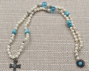 18 Inch Sterling Silver Faux Pearls Cross Religious Necklace B811