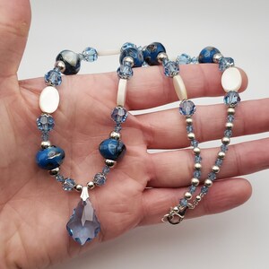 20 Inch 925 Sterling Silver Blue Crystals Shell And Glass Necklace