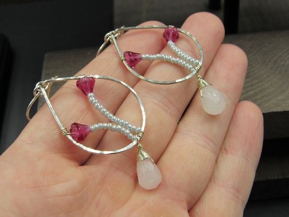 Sterling Silver Handmade Floral Rose Quartz Earri… - image 2