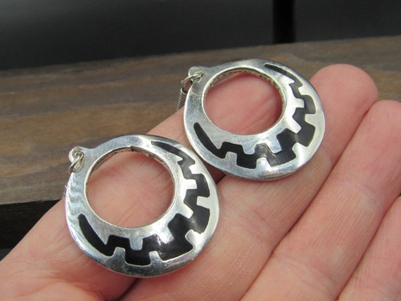 Sterling Silver Black Inlay Pattern Mexico Earrin… - image 2