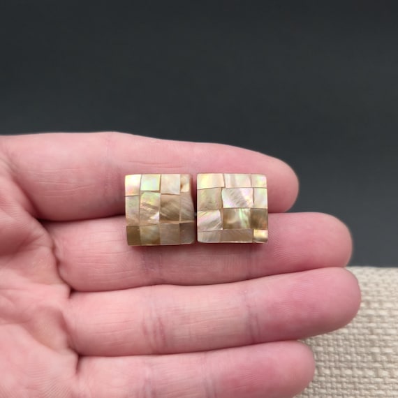 Silver Plated Checkered Shell Square Earrings A68… - image 1