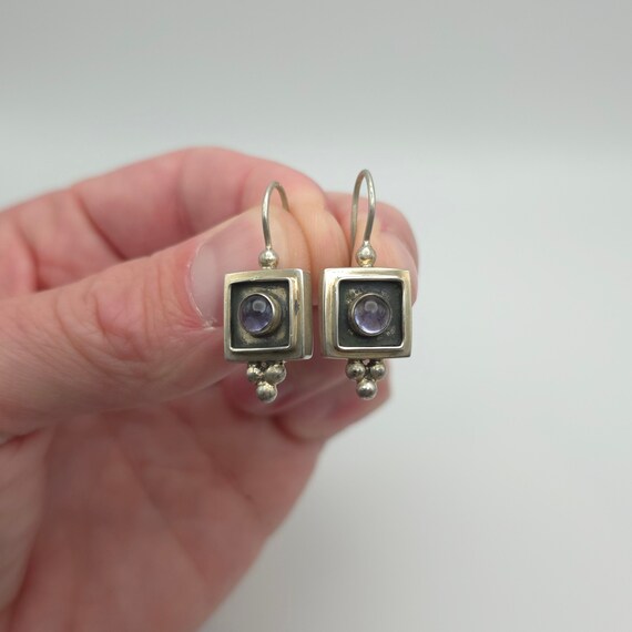 Sterling Silver Heavily Tarnished Amethyst Stone Earrings A279