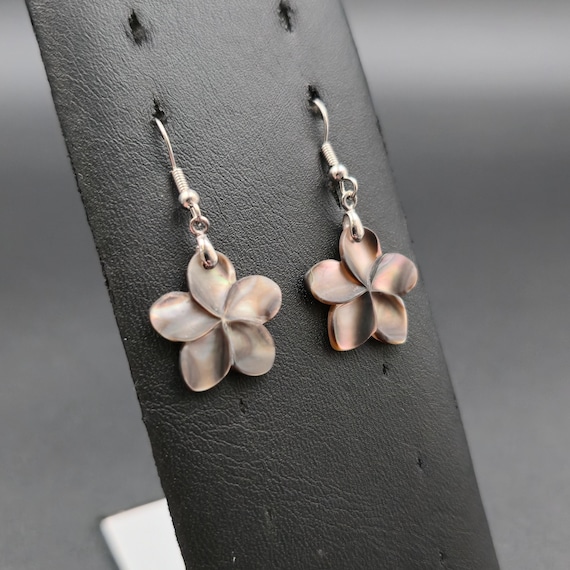 Silver Plated Dark Shell Flower Dangle Earrings A… - image 2