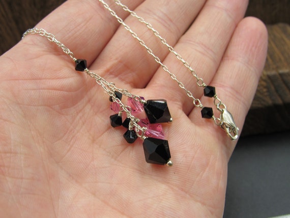 18" Sterling Silver Black Pink Crystal Necklace V… - image 3