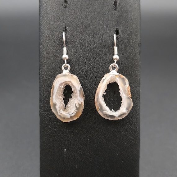 Silver Plated Agate Geode Stone Dangle Earrings A… - image 1