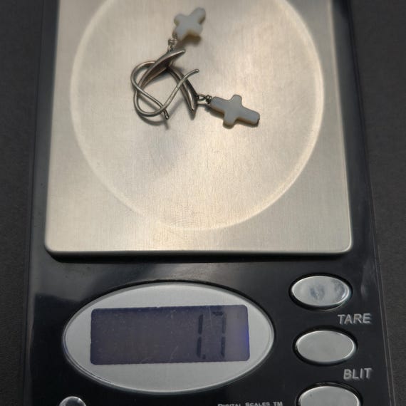 Silver Plated Cross Shell Religious Dangle Earrin… - image 5