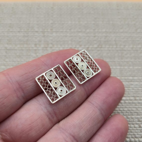 Sterling Silver Square Unique Pattern Stud Earrin… - image 2