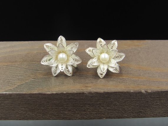 Sterling Silver Small Pearl Flower Screw On Earri… - image 1