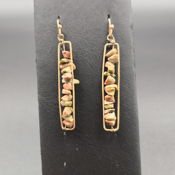 Copper Handmade Unakite Stone Dangle Earrings A62… - image 1