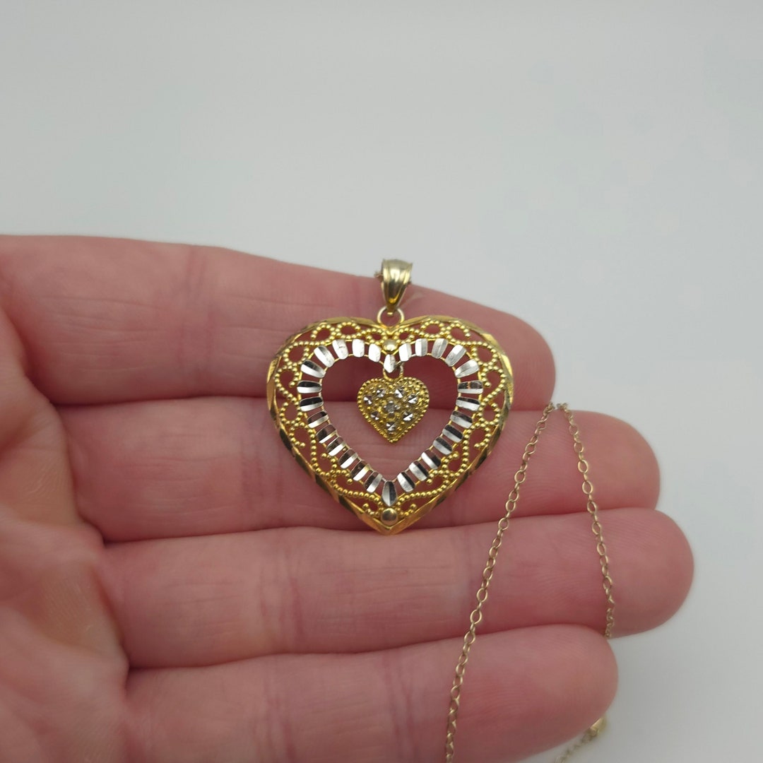 19 Inch Gold Over Sterling Silver Diamond Chip Heart Necklace A359 - Etsy