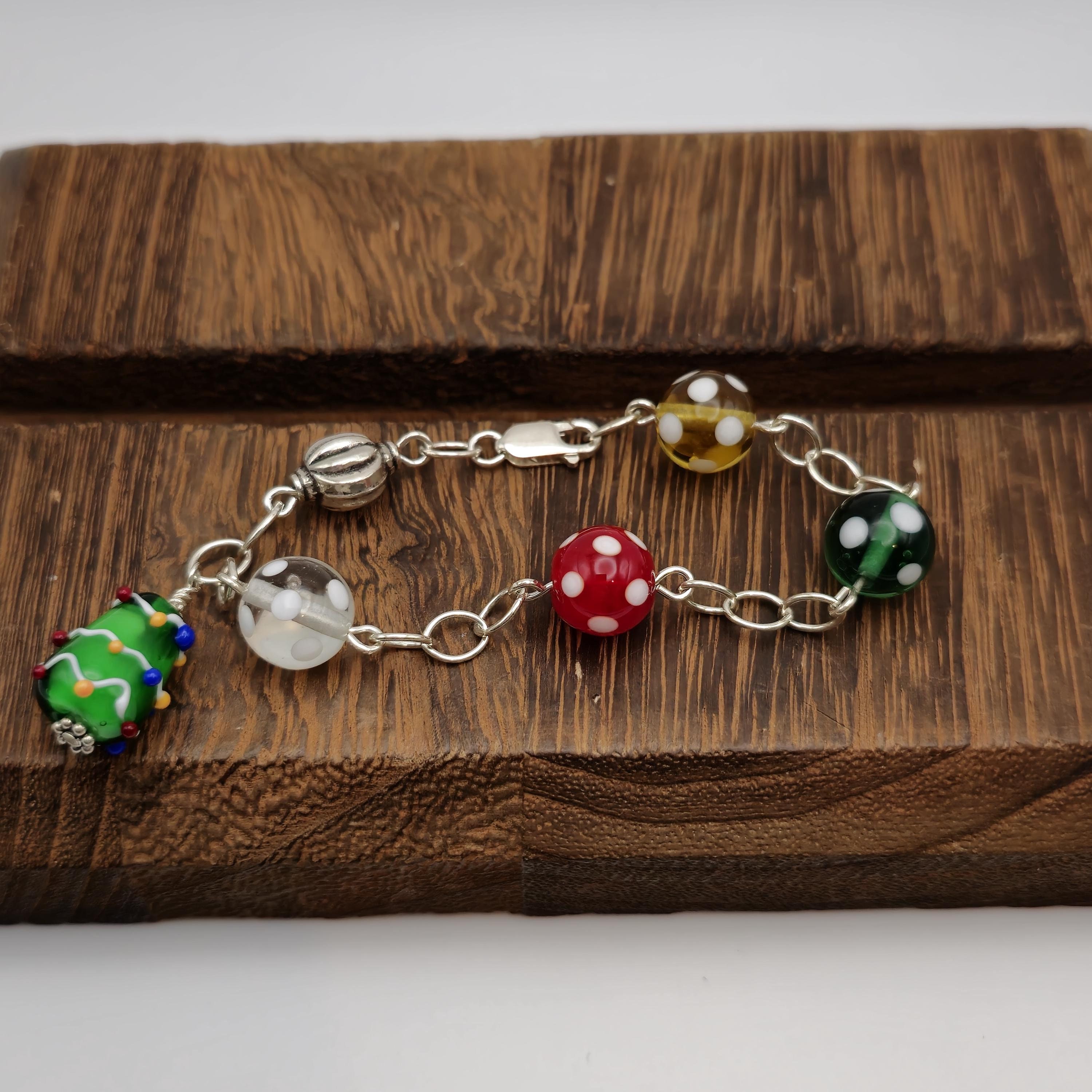 8 Inch Sterling Silver Handmade Glass Charms Holiday Bracelet B197