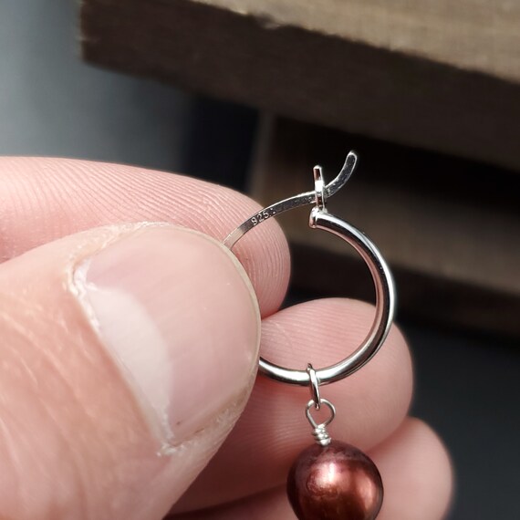 Sterling Silver Brown Pearl Hoop Dangle Earrings - image 3