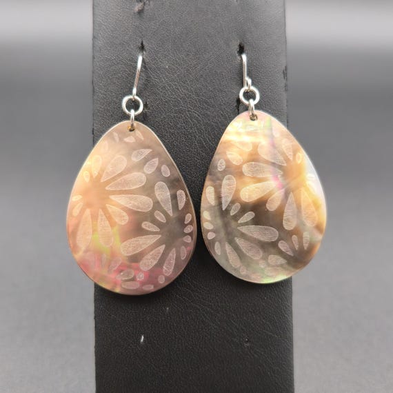 Silver Plated Floral Pattern Large Shell Dangle E… - image 1