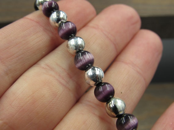 7" Sterling Silver Cool Purple Cat's Eye Stone Br… - image 3