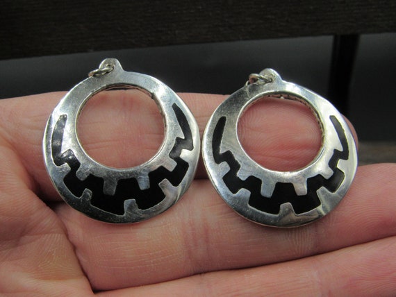 Sterling Silver Black Inlay Pattern Mexico Earrin… - image 1