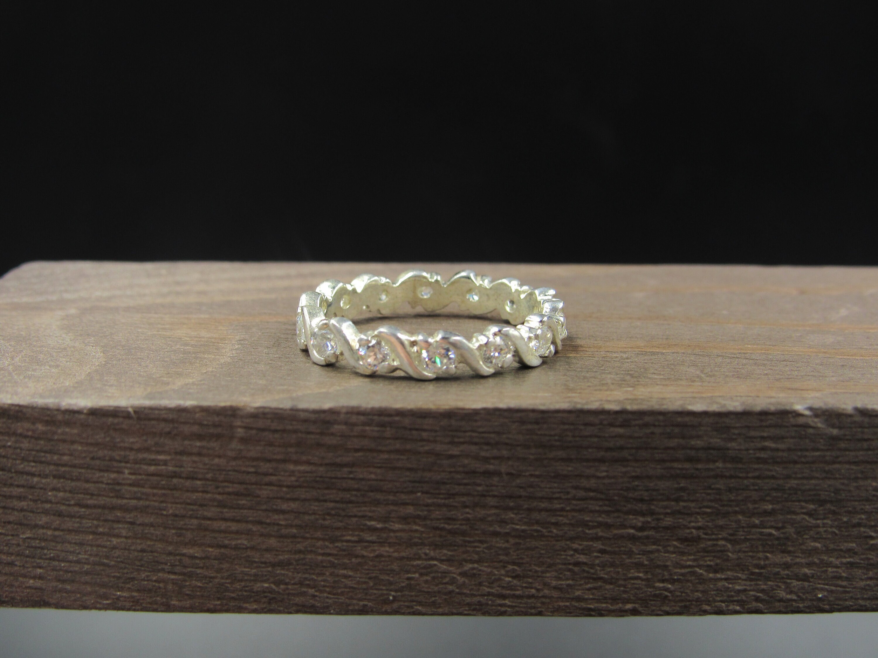 Size 7.75 Sterling Silver Slight Tarnished Clear CZ Stone Band
