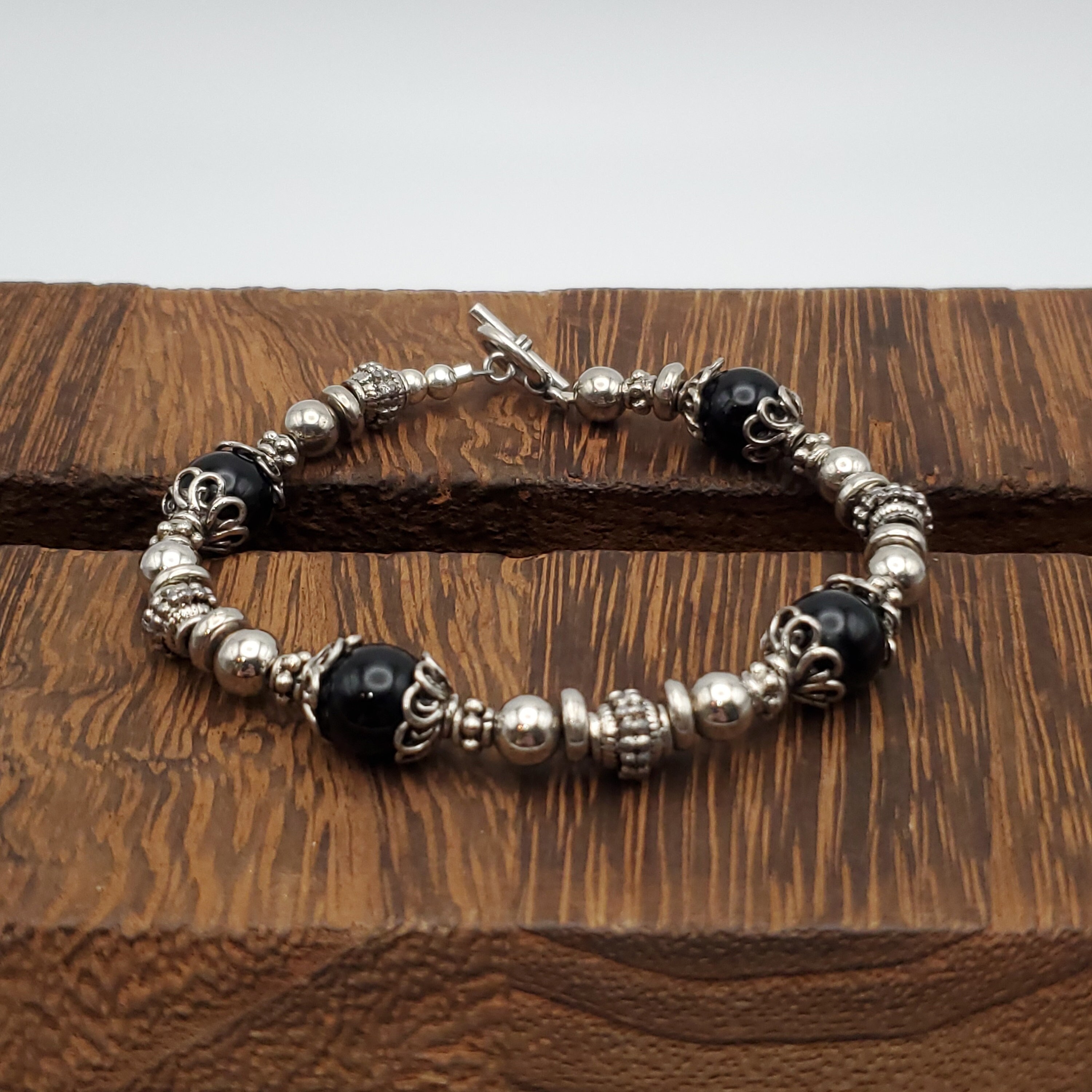 8 Inch 925 Sterling Silver Stylish Unique Black Glass Beads Fancy