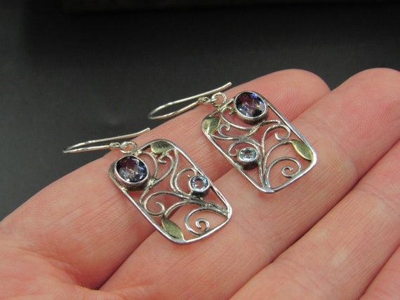 Sterling Silver Floral Gold Leaf Amethyst & Topaz… - image 2