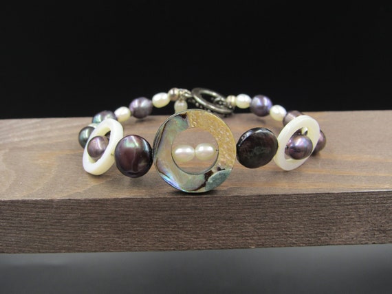 7" Sterling Silver Unique Abalone & Real Pearl Br… - image 1