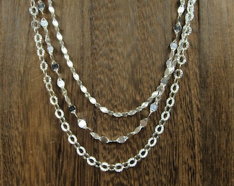 16&quot; Sterling Silver Triple Layered Textured Necklace Vintage Minimalist Everyday Simple Beauty Statement Unique Pretty Cute Special Cool
