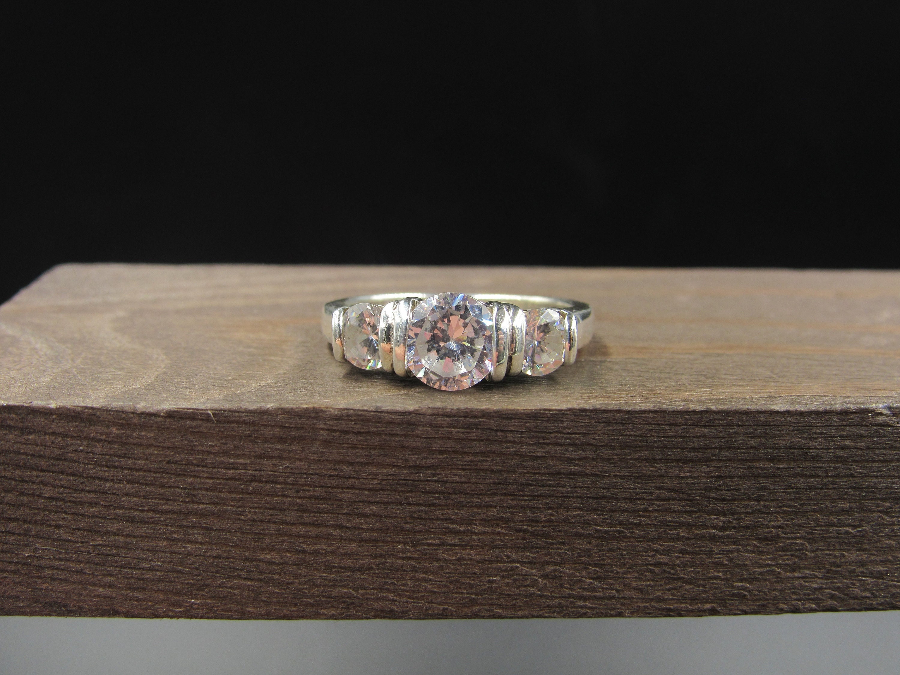 純銀盃　67g Size 8 Sterling Silver Triple Round Clear CZ Stone Band Ring