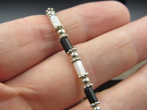 7" Sterling Silver White Shell And Black Stone Br… - image 3