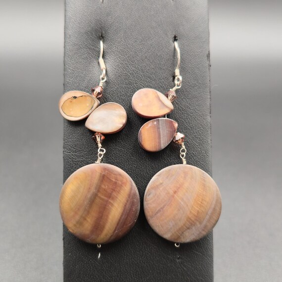 Sterling Silver Brown Shell Handmade Dangle Earri… - image 1