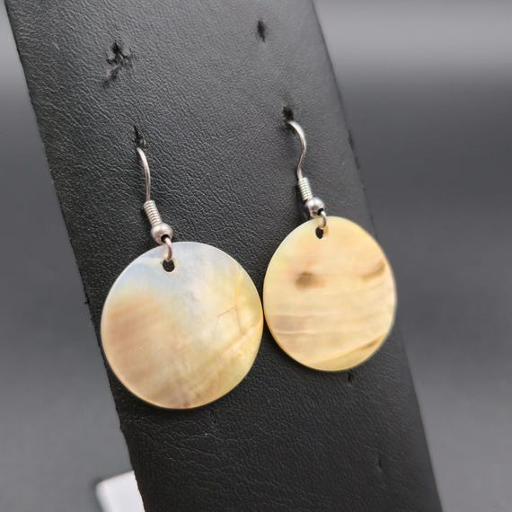 Silver Plated Circle Cream Shell Dangle Earrings … - image 2
