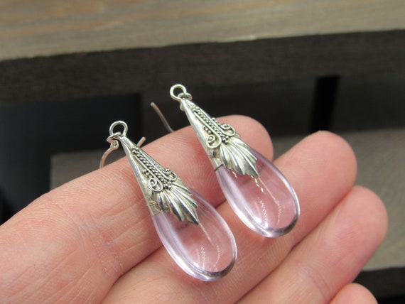 Sterling Silver Fancy Light Purple Glass Earrings - image 2