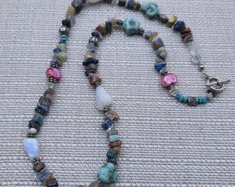 22 Inch Sterling Silver Moonstone Turquoise Pearl Sodalite Necklace B693