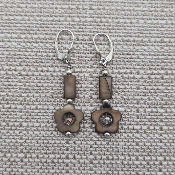 Sterling Silver Flower Brown Shell Dangle Earring… - image 1