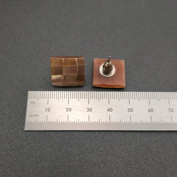 Silver Plated Checkered Shell Square Earrings A68… - image 4