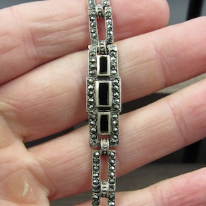 7&quot; Sterling Silver Marcasite Stones And Onyx Inlay Bracelet Vintage Wedding Engagement Anniversary Gift Idea Beautiful