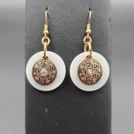 Copper White Shell And Crystal Dangle Earrings A6… - image 1