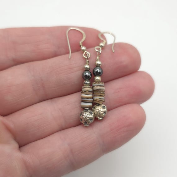 Sterling Silver Handmade Stacked Shell Earrings A… - image 2