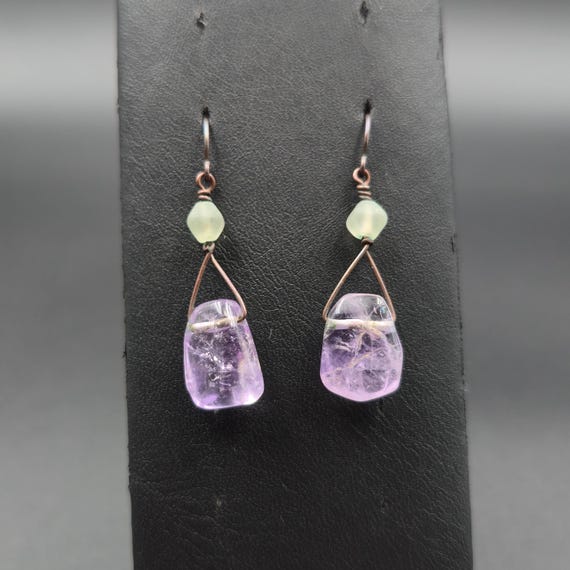 Copper Handmade Amethyst Stone Dangle Earrings A6… - image 1