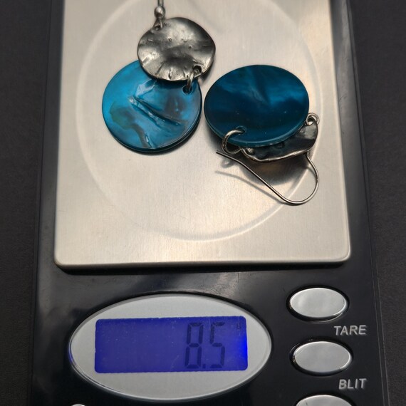 Silver Plated Round Blue Shell Dangle Earrings A6… - image 5