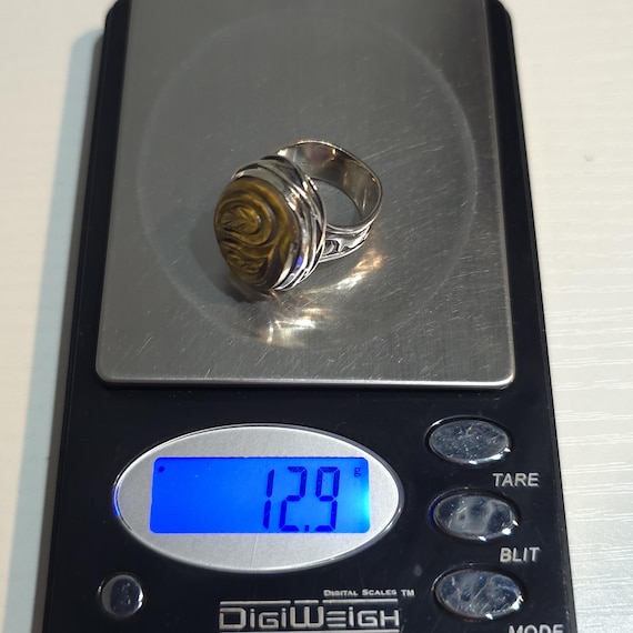 【60％OFF】 Size 8 Ring Leaf Stone Eye Tiger's Carved Silver Sterling アクセサリー