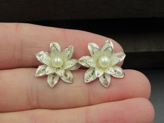 Sterling Silver Small Pearl Flower Screw On Earri… - image 2