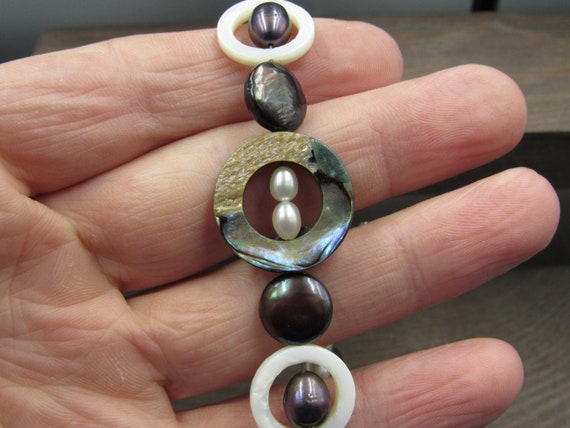 7" Sterling Silver Unique Abalone & Real Pearl Br… - image 2
