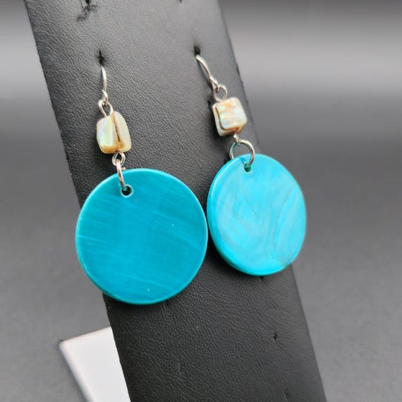 Silver Plated Circle Blue Shell Dangle Earrings A… - image 2