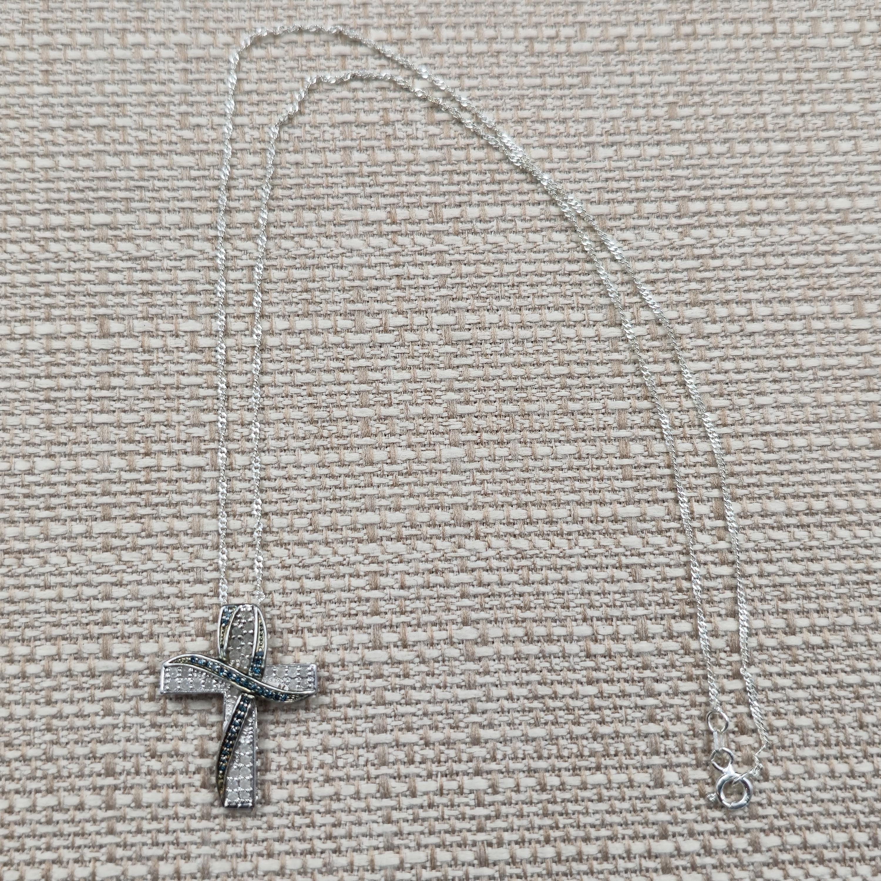 18 Inch Sterling Silver Blue and Clear Diamonds Cross Necklace