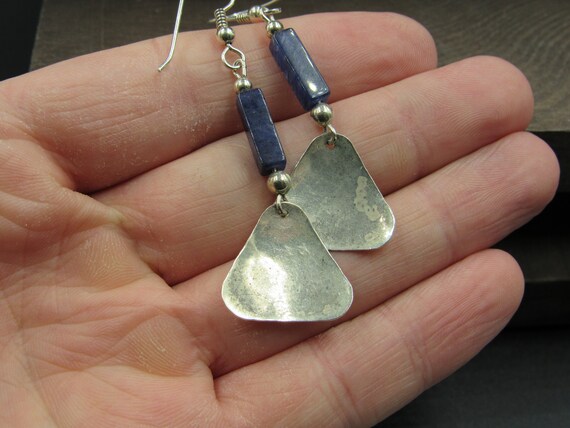 Sterling Silver Blue Stone & Triangle Hammered Ea… - image 4