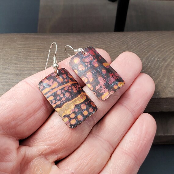 Sterling Silver & Copper Unique Pattern Dangle Ea… - image 2