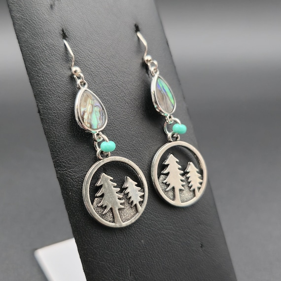 Silver Plated Abalone Shell And Forest Tree Earri… - image 1