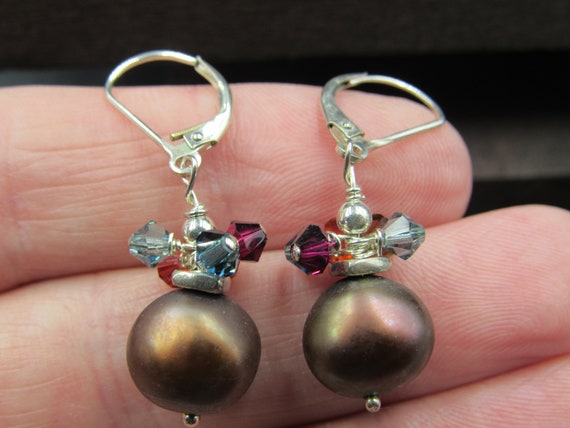 Sterling Silver Brown Pearls With Crystals Earrin… - image 3