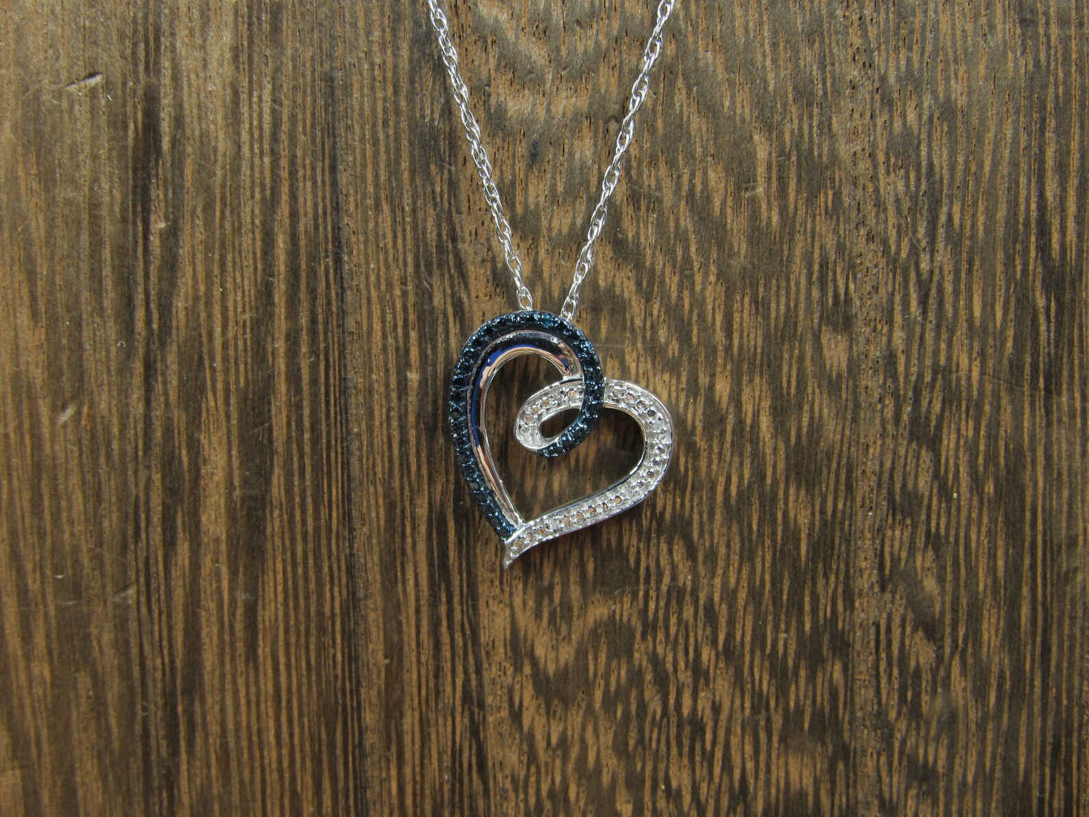 18 Sterling Silver Two Tone Diamond Chip Heart Necklace Etsy