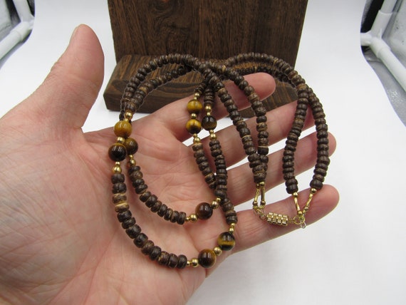 18" Wood & Tiger's Eye Necklace Vintage Costume J… - image 2