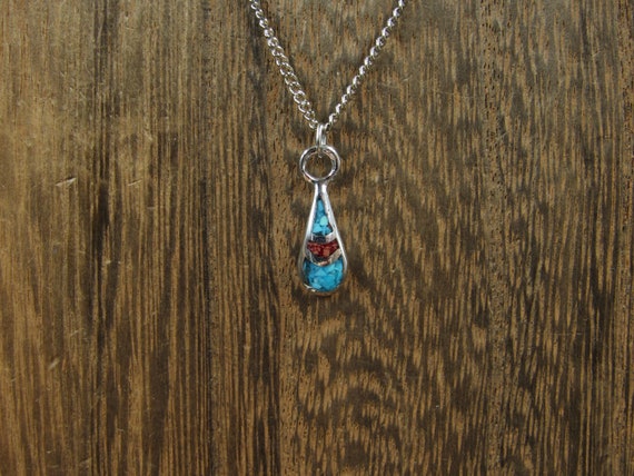 16" Silver Tone Turquoise And Coral Chip Pendant … - image 1