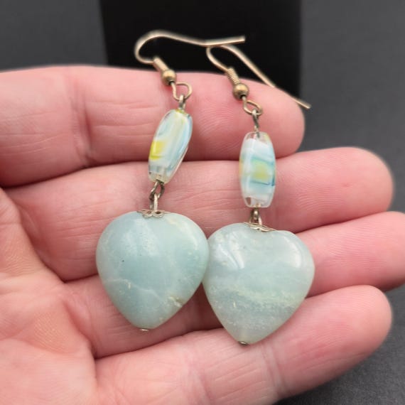 Silver Plated Amazonite Heart Stone Dangle Earrin… - image 3